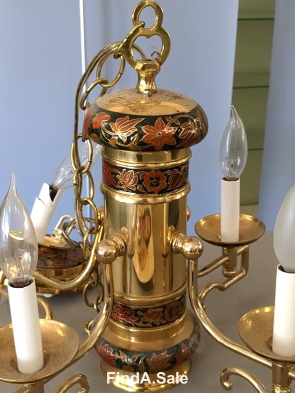 Brass Chandelier, Enamel & Floral Inlay, Three-Arm Candle Fixture